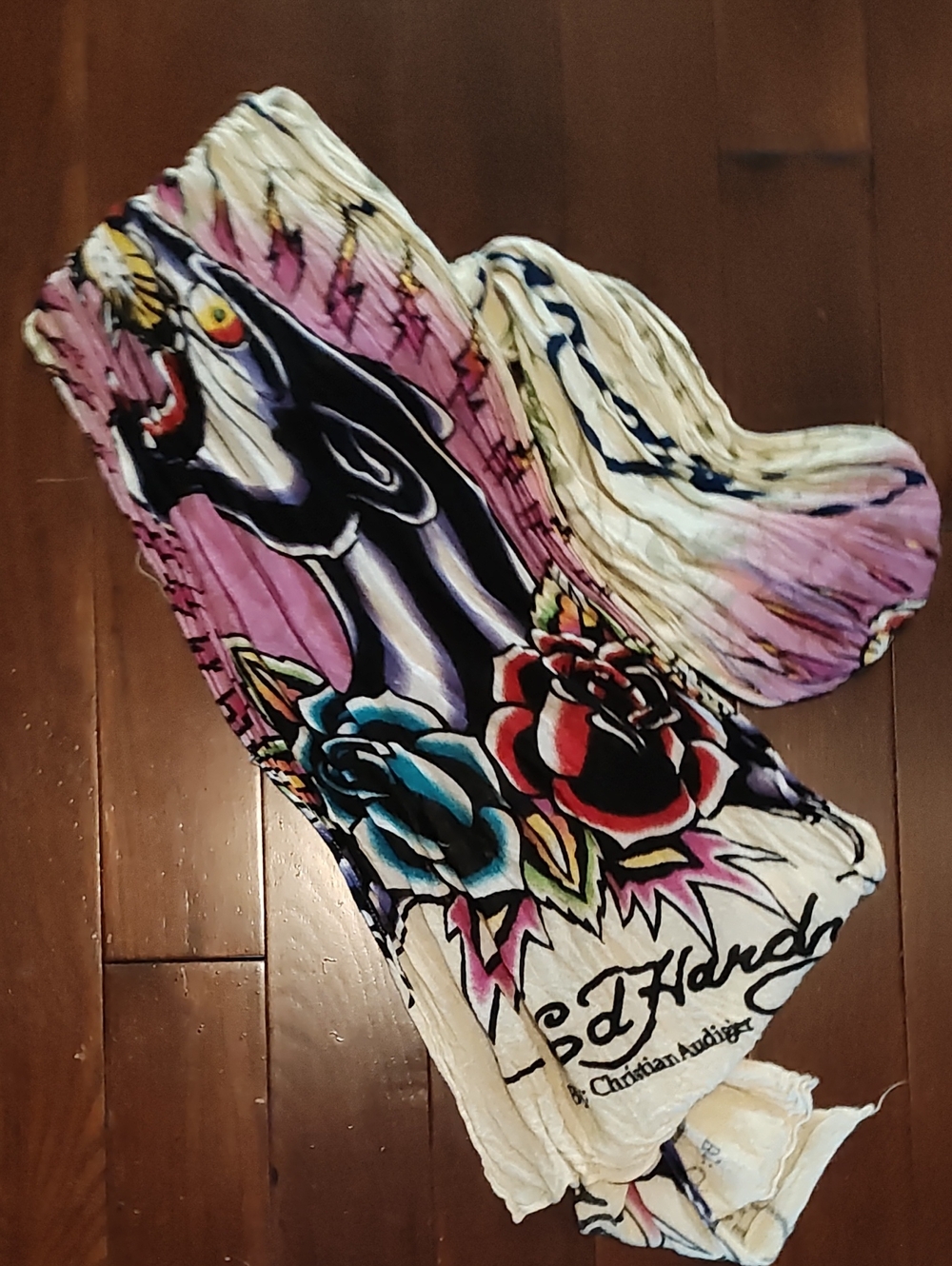 Ed Hardy Pink Black Cream Panther Floral Scarf